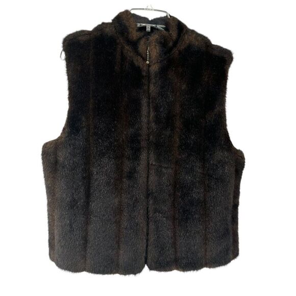 Faux Fur Vest Brown Preston York Full Zip Womens Size M Classic Mock Neck Lined - Picture 1 of 11
